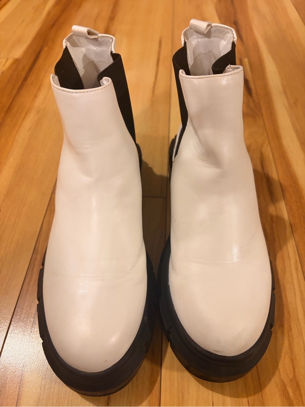 bp White Leather Chelsea Ankle Boots with Black Elastic Panels